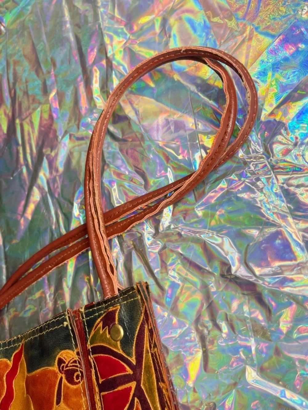 Vintage 1992 Embossed Leather Mini Bag Abstract Art Faces Fish Design Folk Art